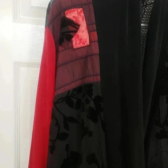 AHNI Red and Black Velvet and Sheer Open Cardigan - Picture 4 of 10